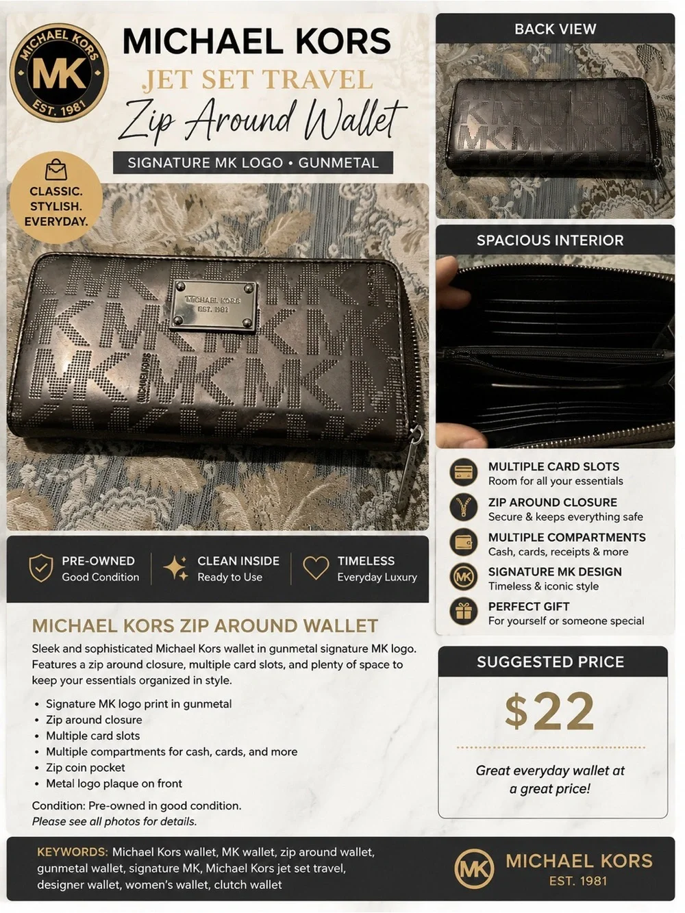 Michael Kors Gunmetal Signature MK Zip-Around Wallet